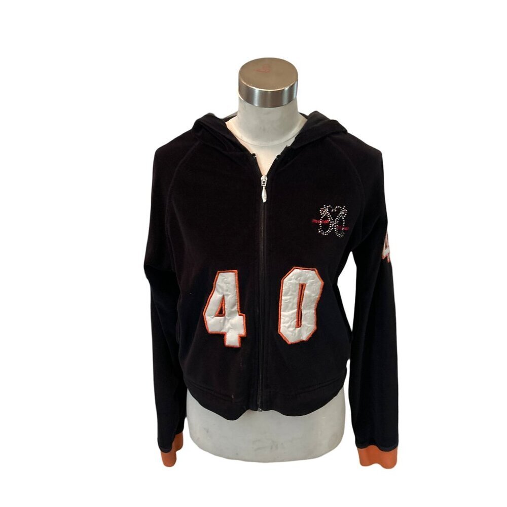 Vintage Meow Meow Womens Cropped Black Embellished Velour Hoodie Size Large
